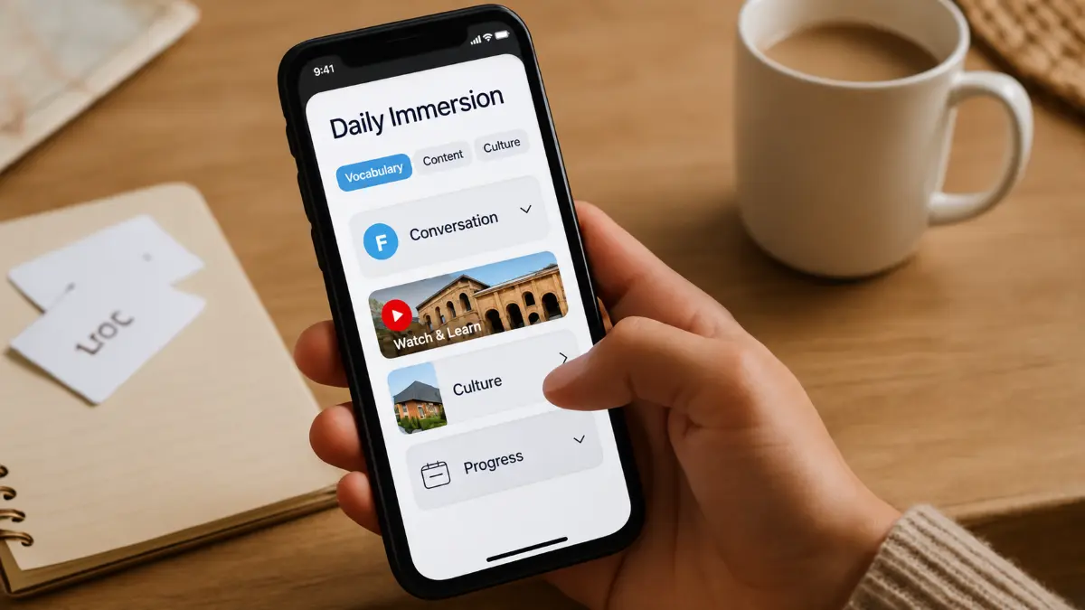 Hand holding a smartphone displaying a language learning app with tabs for Vocabulary, Content, Culture, and progress tracking