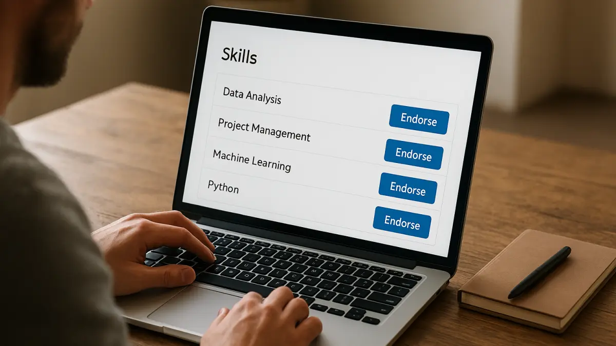 Person using a laptop showing a skills endorsement list with options to endorse Data Analysis, Project Management, Machine Learning, and Python