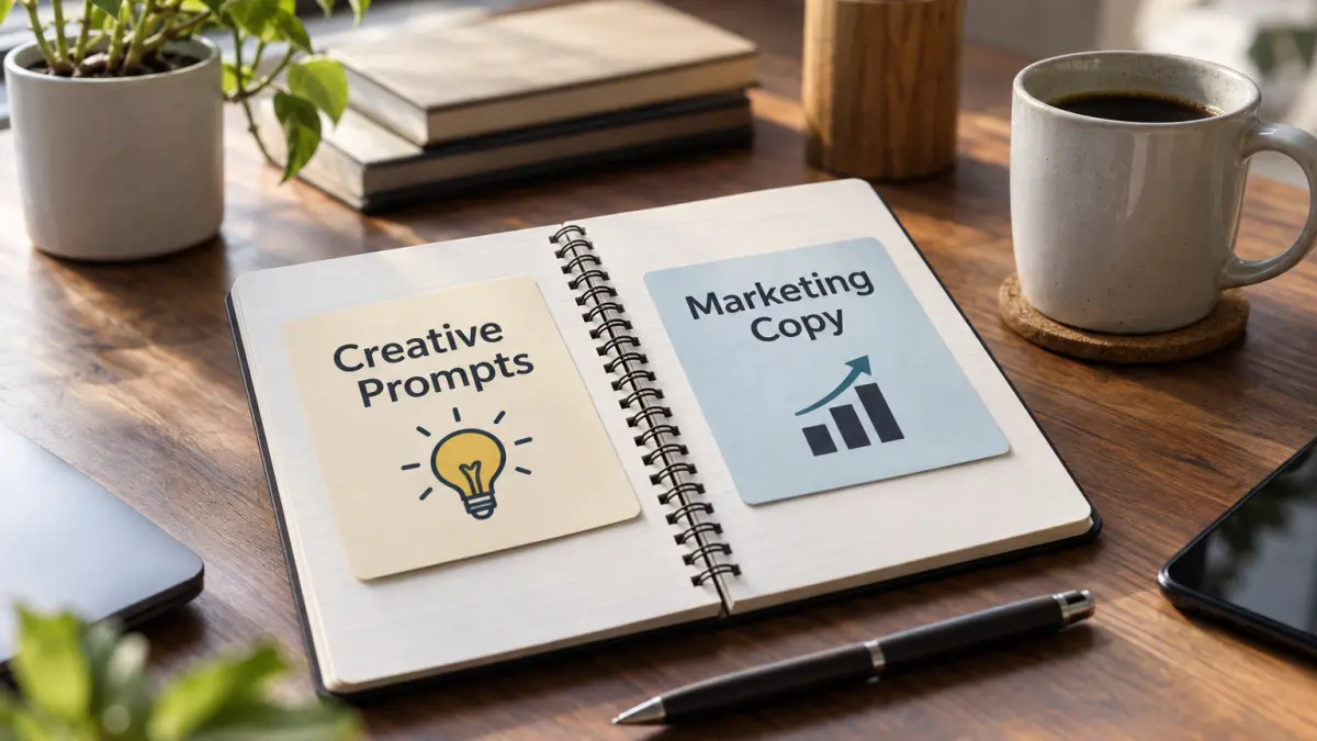 Open notebook on a wooden desk with cards labeled "Creative Prompts" and "Marketing Copy," surrounded by a pen, coffee cup, and plants