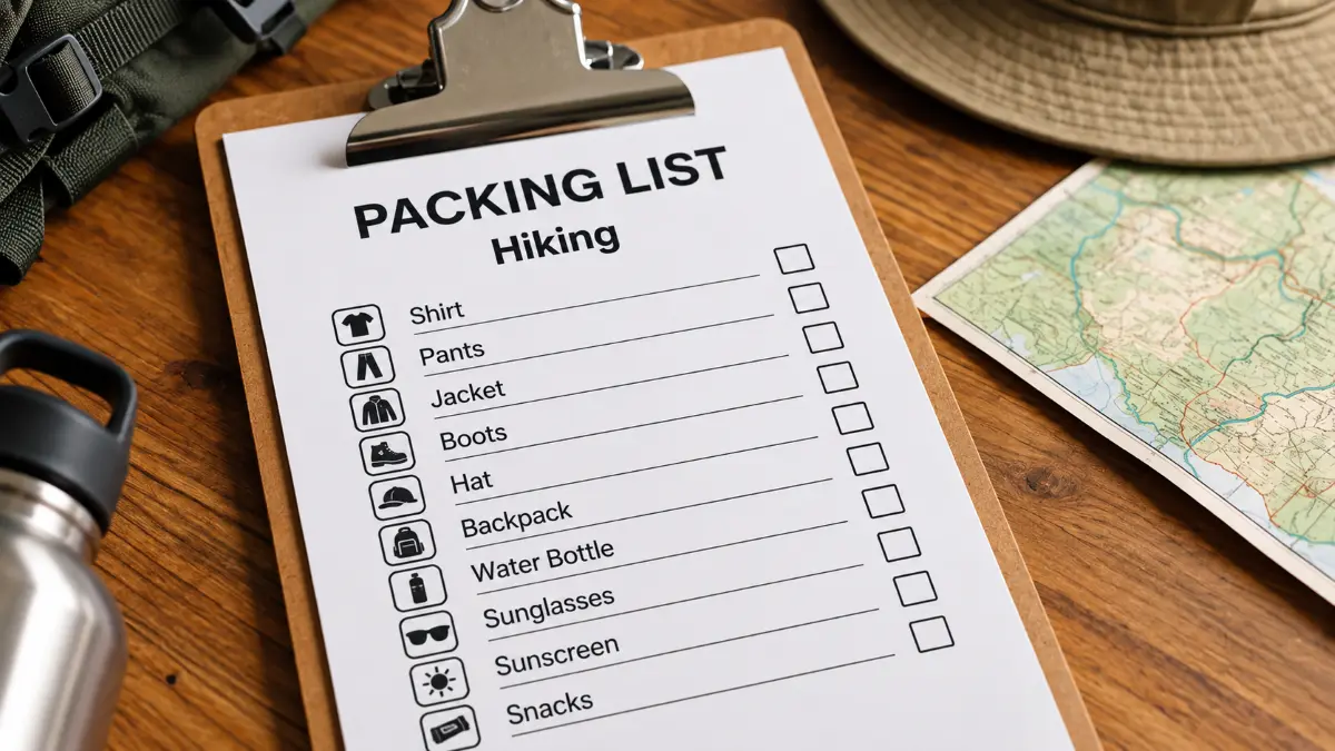 Clipboard with a hiking packing checklist on a wooden table next to a water bottle, backpack strap, map, and sun hat