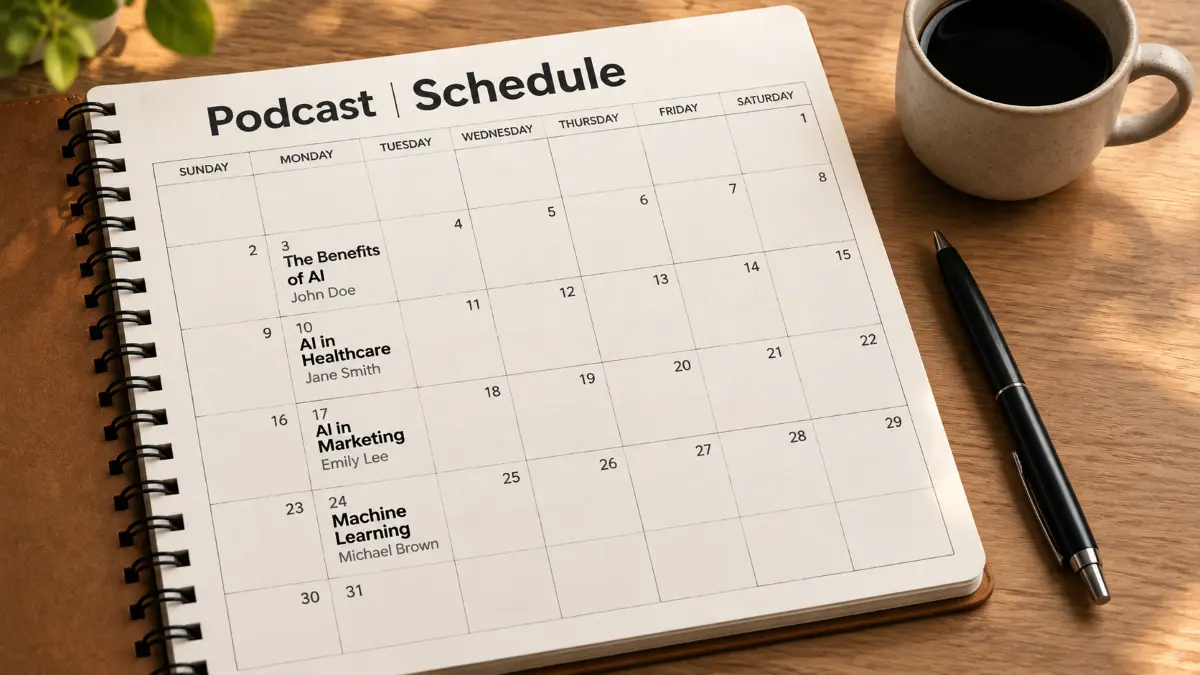 Open spiral notebook displaying a podcast schedule for a month with episode titles and guest names, next to a pen and a cup of coffee