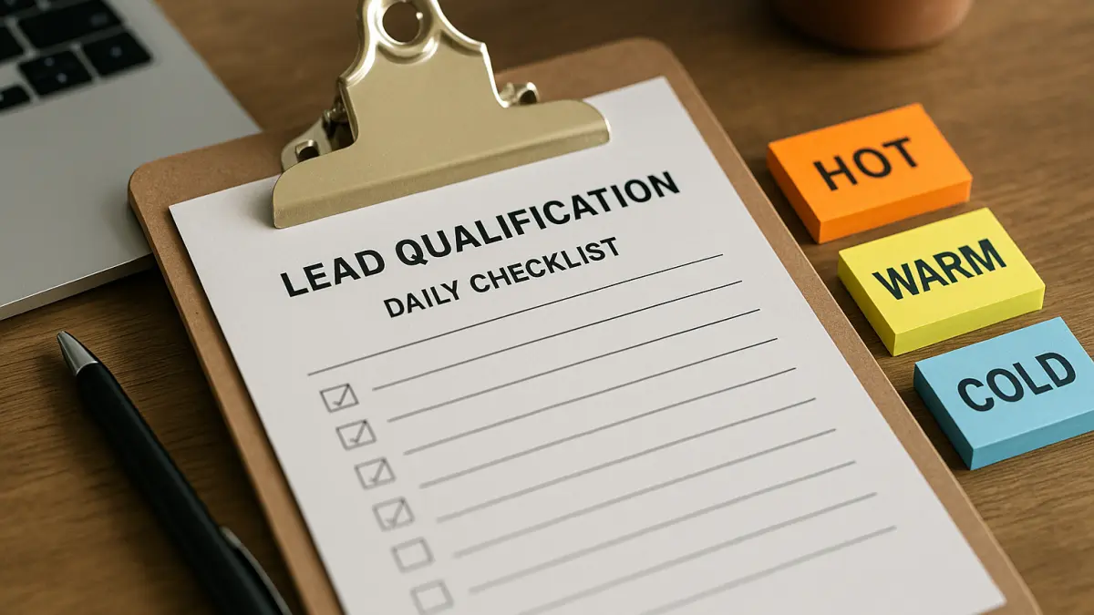 Clipboard with a lead qualification daily checklist with some boxes checked, a pen, laptop corner, and colorful blocks labeled Hot, Warm, Cold