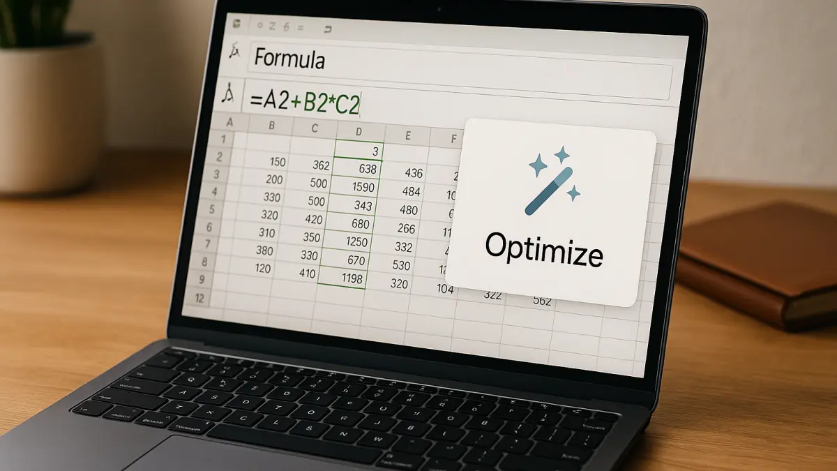 Laptop screen displaying a spreadsheet with a formula being edited and a floating icon labeled "Optimize" with a magic wand symbol