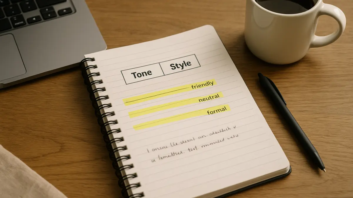 Notebook page with "Tone" and "Style" labels, highlighting friendly, neutral, and formal tones, next to a pen, coffee mug, and laptop keyboard