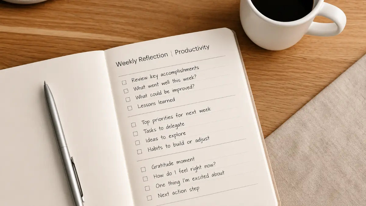 Open notebook with a weekly reflection and productivity checklist, a pen beside it, and a cup of coffee on a wooden table