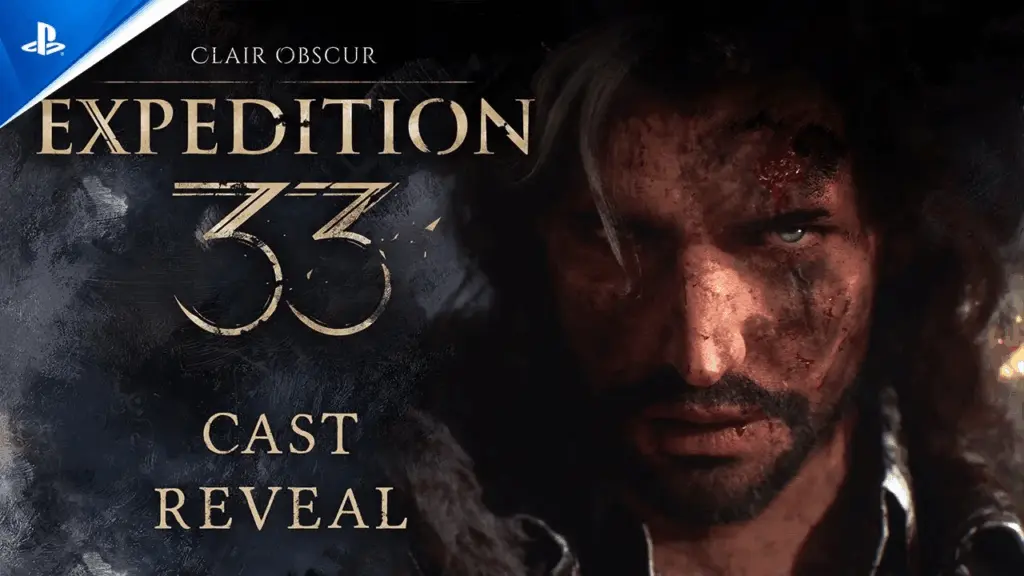 Dark, gritty close-up of a bruised man’s face with long hair, alongside text reading "Clair Obscur Expedition 33 Cast Reveal" and a PlayStation logo