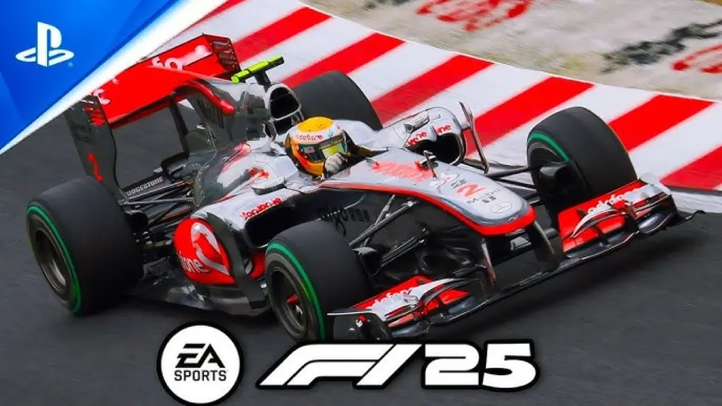 A Formula 1 race car speeding on a track with red and white curbs, PlayStation and EA Sports logos, and "F1 25" text