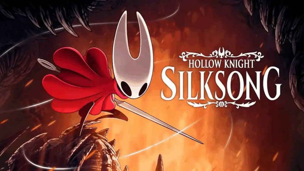 Character with a white mask and red cloak wielding a needle-like weapon against a dark, fiery cave background with "Hollow Knight Silksong" text