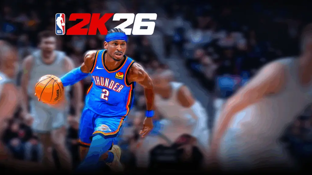 A basketball player in a blue Oklahoma City Thunder uniform dribbling the ball on a court, with NBA 2K26 logo above