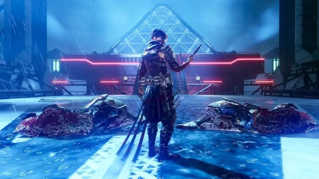 A warrior in dark armor stands holding a dagger on a rain-soaked platform with two large, defeated robotic enemies nearby