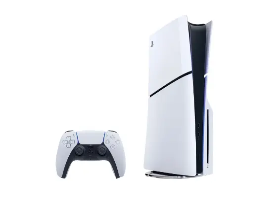 White PlayStation 5 console standing vertically next to a matching DualSense wireless controller on a white background
