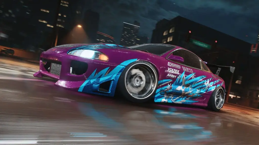 Neon-colored modified sports car drifting at high speed on a rain-soaked city street at night in Need for Speed Unbound