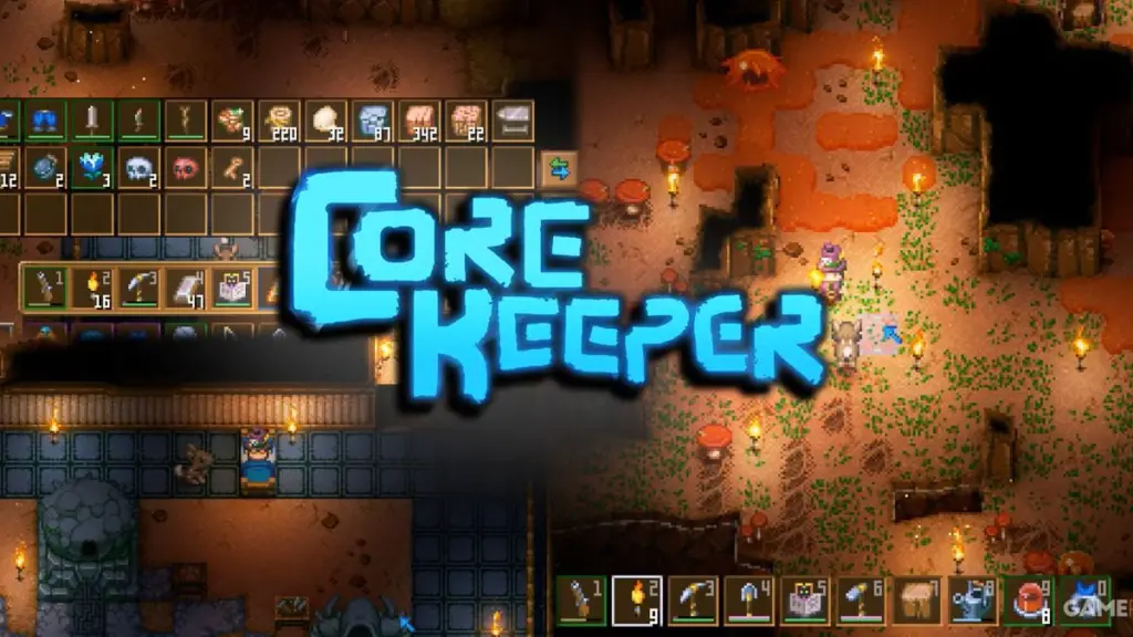 Pixel-art underground cave base with inventory UI and glowing torches in the sandbox survival game Core Keeper