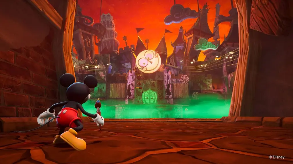Mickey Mouse holding a magic brush overlooking a surreal, colorful fantasy town in Disney Epic Mickey Rebrushed