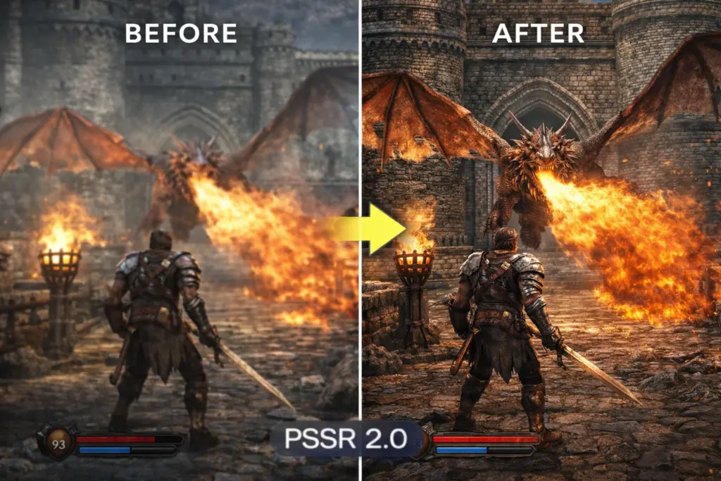 Side-by-side comparison of a medieval fantasy game scene before and after AI upscaling, showing sharper textures and improved detail with PS5 Pro PSSR 2.0 technology