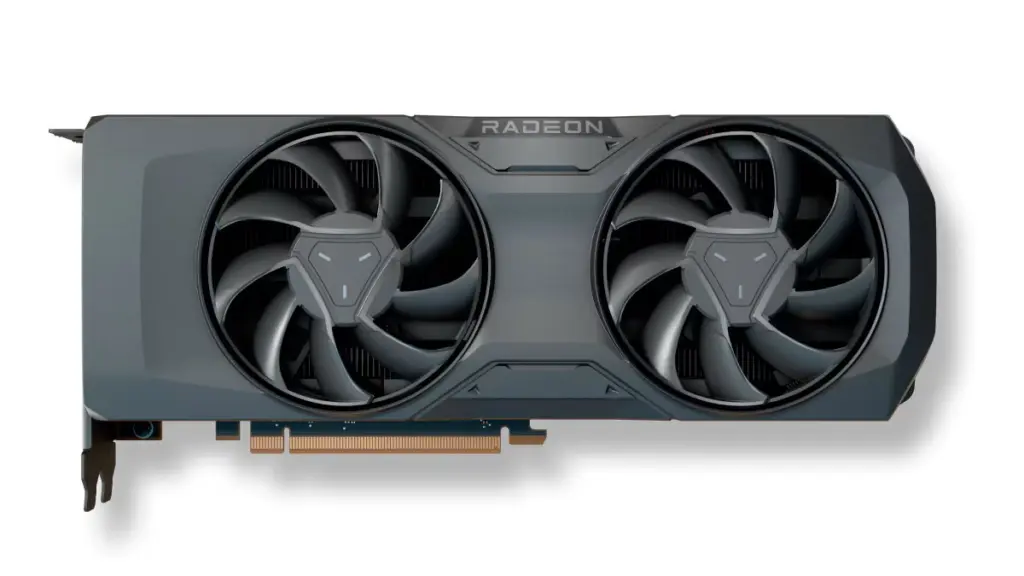 Dual-fan Radeon graphics card with gray casing and PCIe connector on a white background
