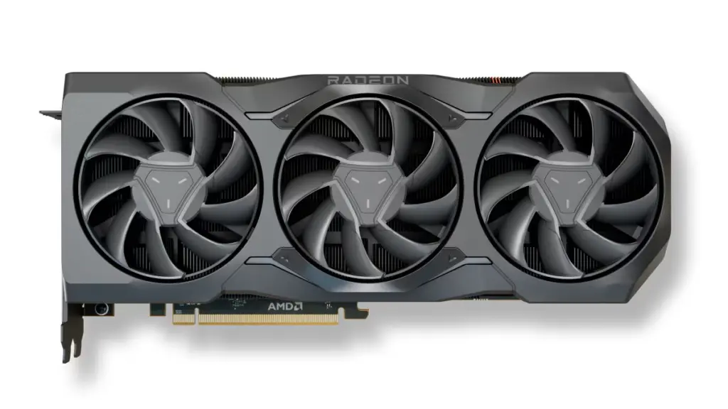 Triple-fan AMD Radeon graphics card with black cooling shroud and visible PCIe connector on a white background