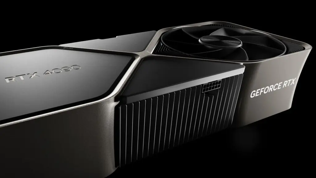 Close-up of a black GeForce RTX 4090 graphics card with visible fan and power connector on a dark background