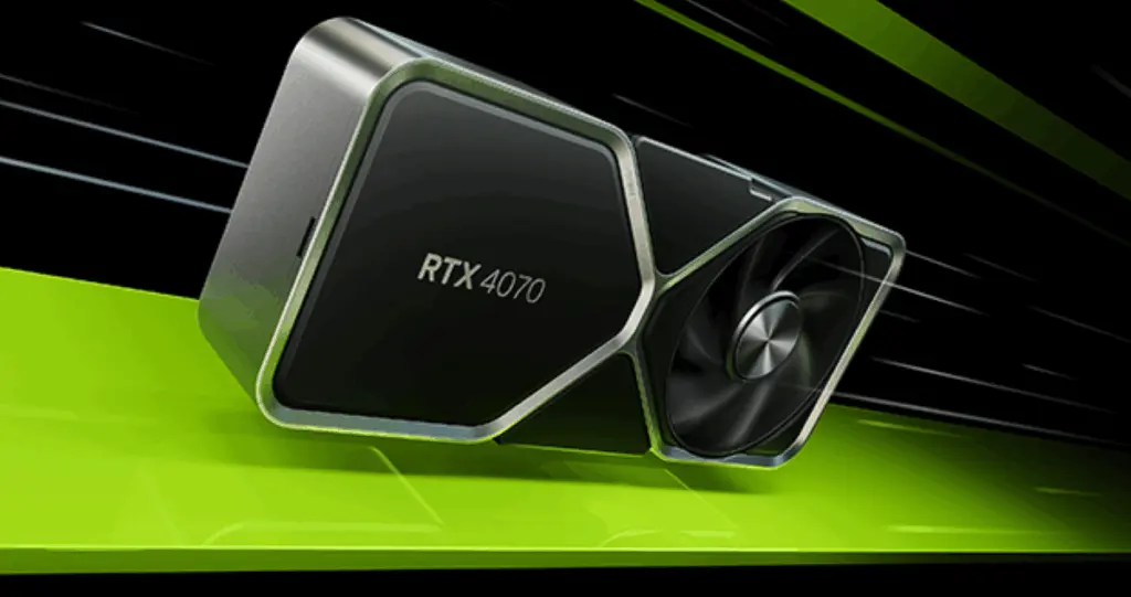 Sleek black and silver RTX 4070 graphics card with a large cooling fan, angled on a green and black futuristic background
