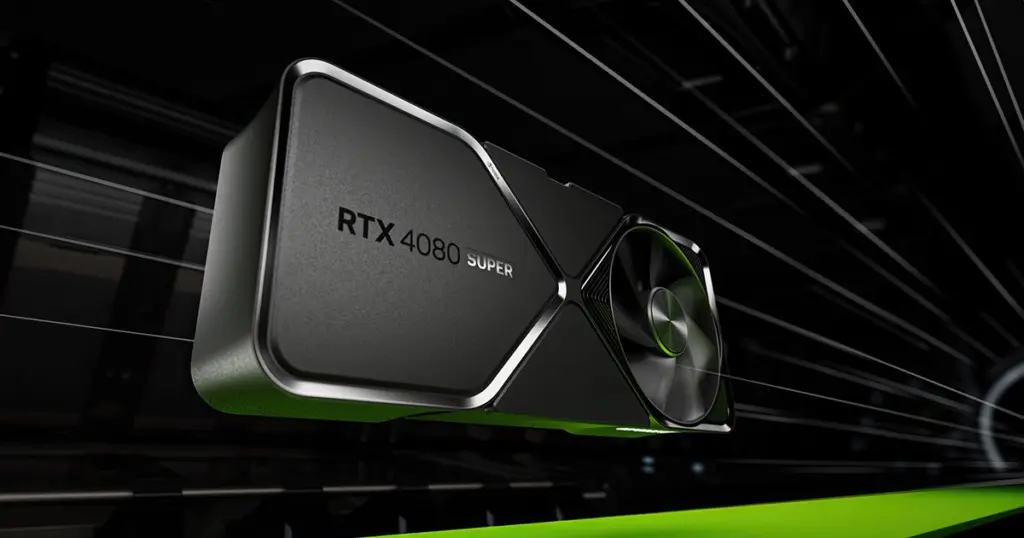 Black and silver RTX 4080 Super graphics card with fan, displayed against a futuristic dark background with green accents