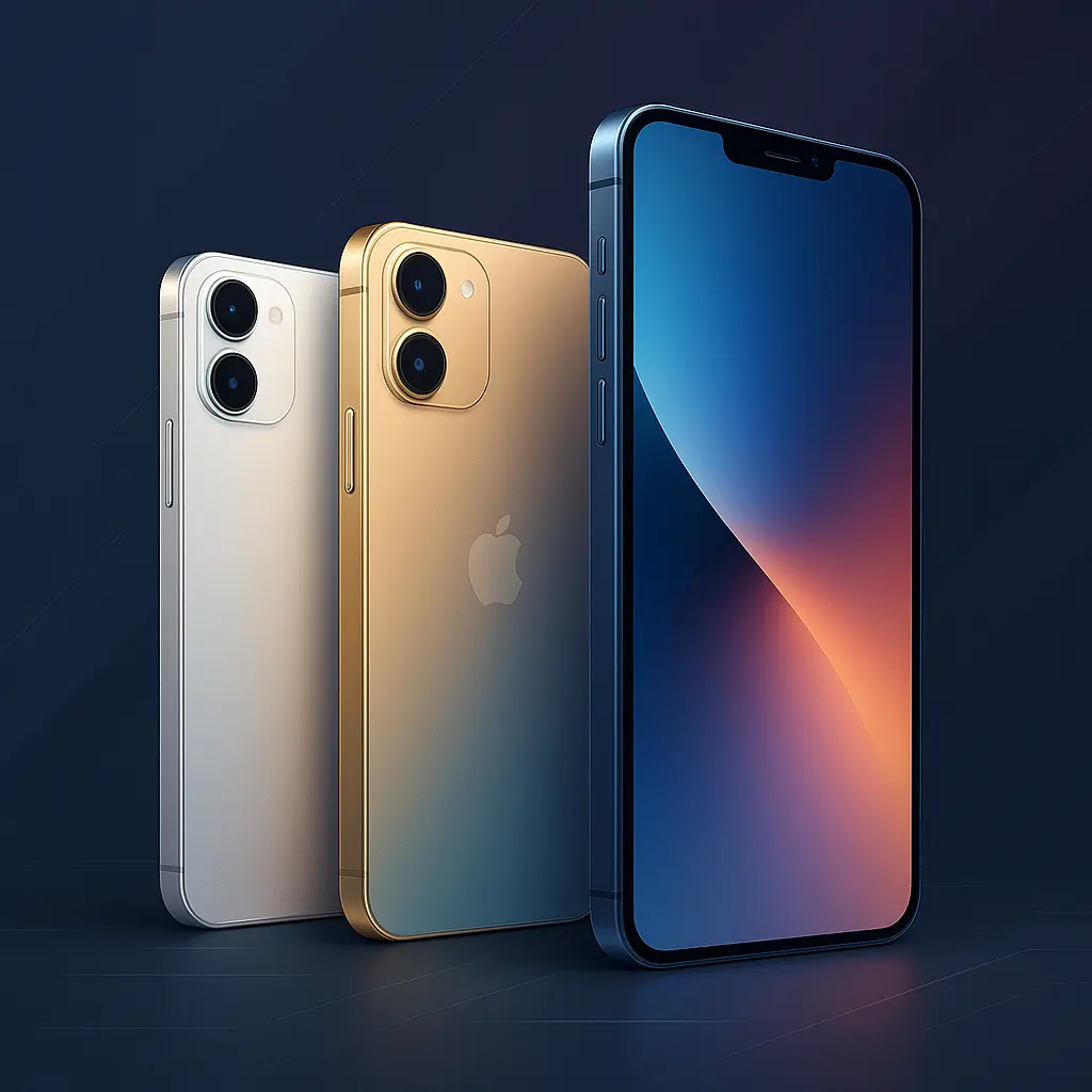 Three smartphones in silver, gold, and blue with dual rear cameras and edge-to-edge displays against a dark background