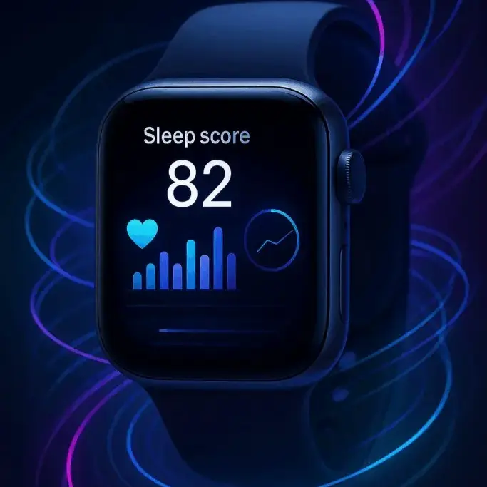 Apple Watch display showing sleep score and health metrics dashboard representing watchOS health insights and AI-driven wellness tracking