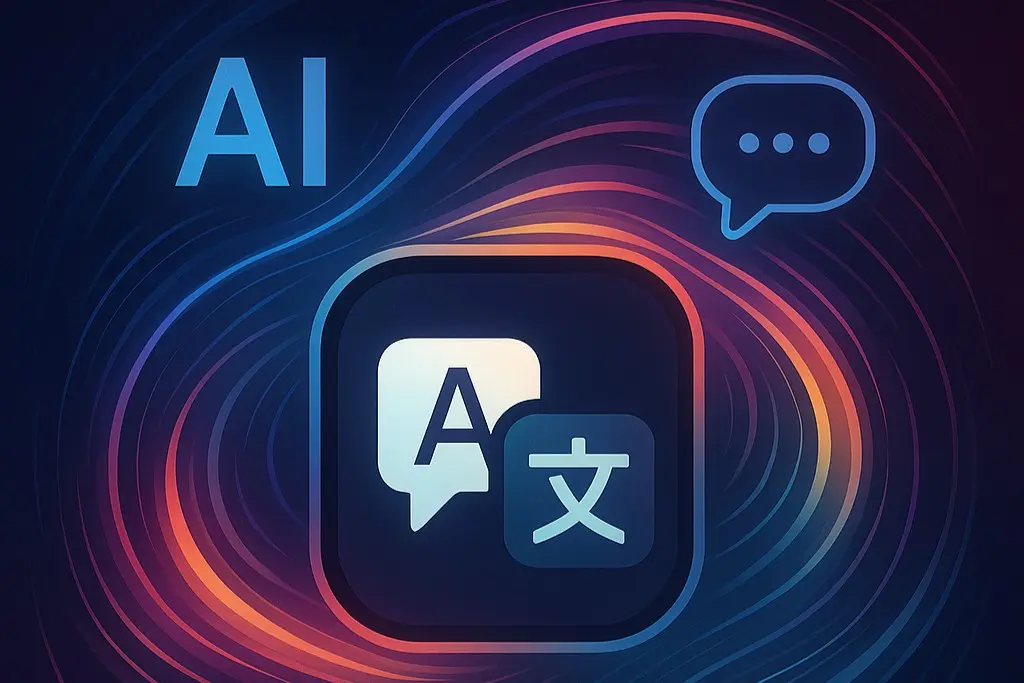 Artificial intelligence translation interface with speech bubbles and language symbols representing on-device AI communication features in watchOS