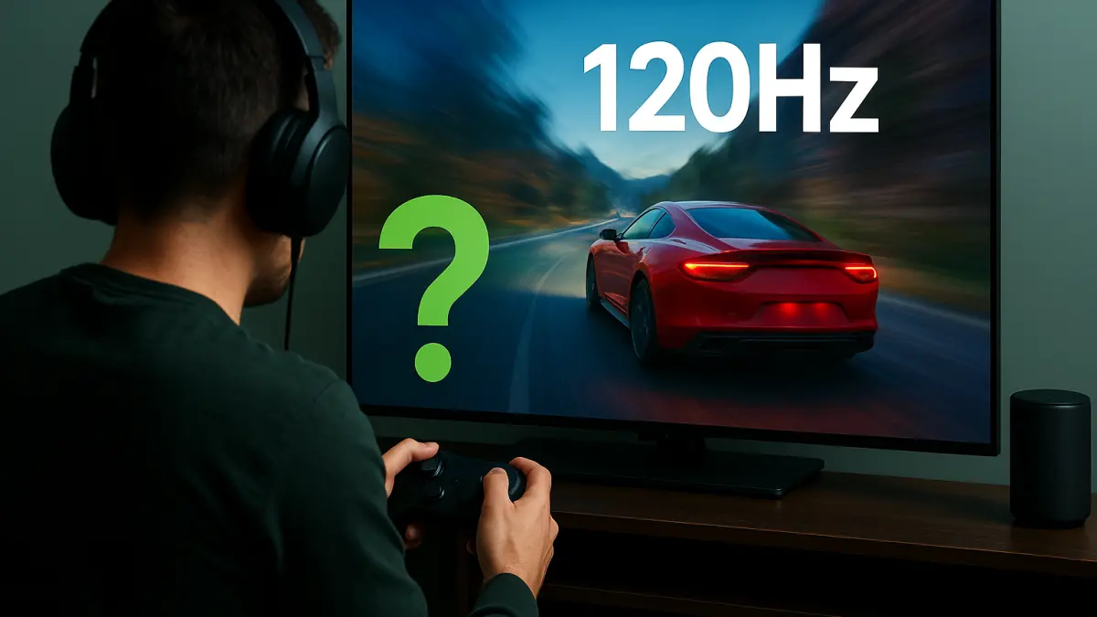 Person wearing headphones plays a racing video game on a TV showing a red car with "120Hz" and a large green question mark