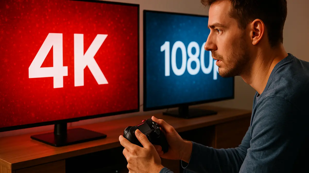 Man holding a game controller staring at two TVs, one displaying "4K" and the other "1080p," in a dimly lit room