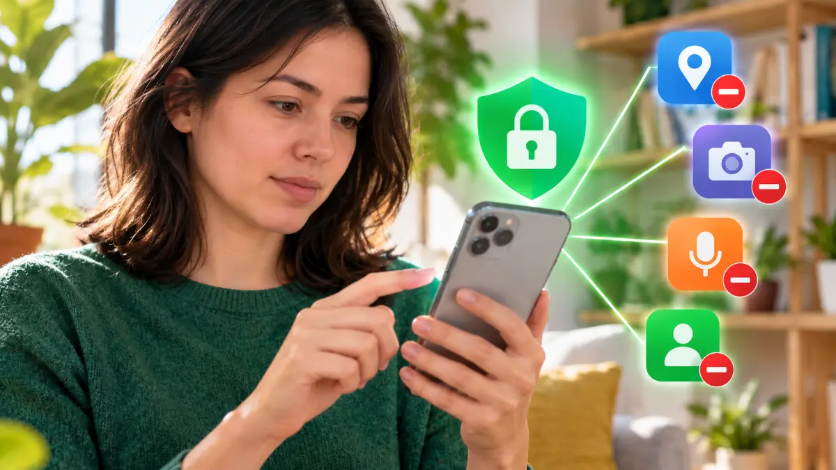 Woman adjusting app permissions on smartphone, with icons for location, camera, microphone, and contacts showing restricted access