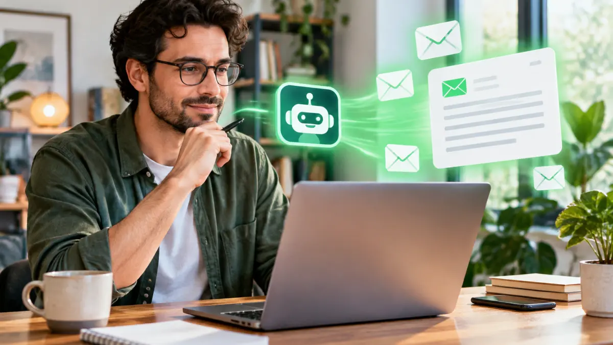 Man with glasses looking thoughtfully at laptop screen, with floating icons of a chatbot and email messages around him