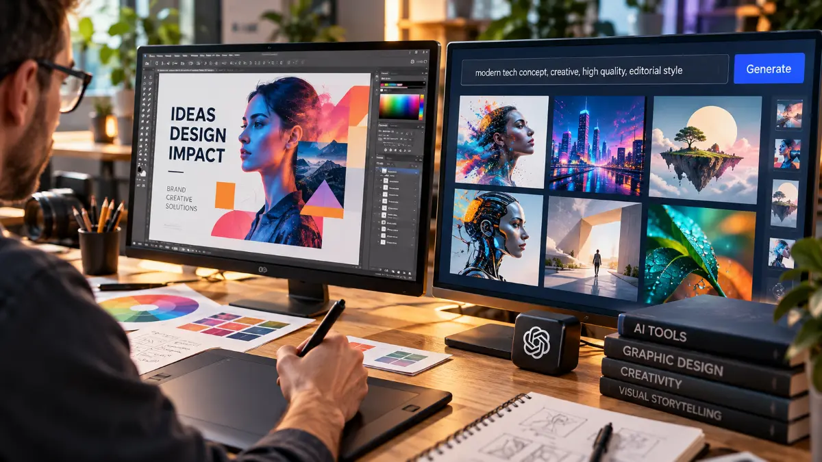 A designer works on a digital portrait using a tablet, with AI-generated image options displayed on a second monitor beside design books