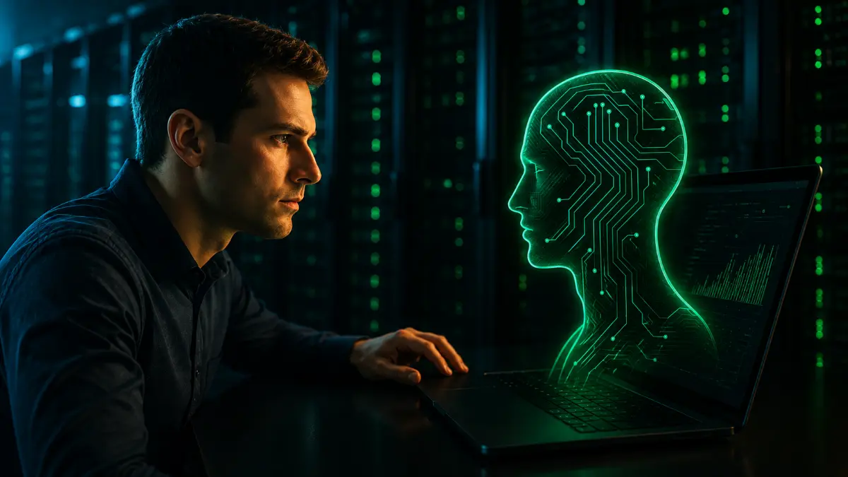 Man intently studies a glowing digital human head with circuit patterns emerging from a laptop in a dark server room