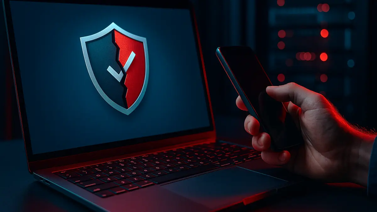 Laptop screen showing a cracked shield icon and a hand holding a smartphone in a dimly lit, tech-focused environment