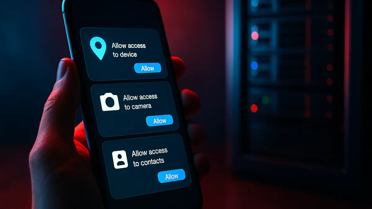 Hand holding a smartphone displaying app permission requests for device, camera, and contacts access with "Allow" buttons