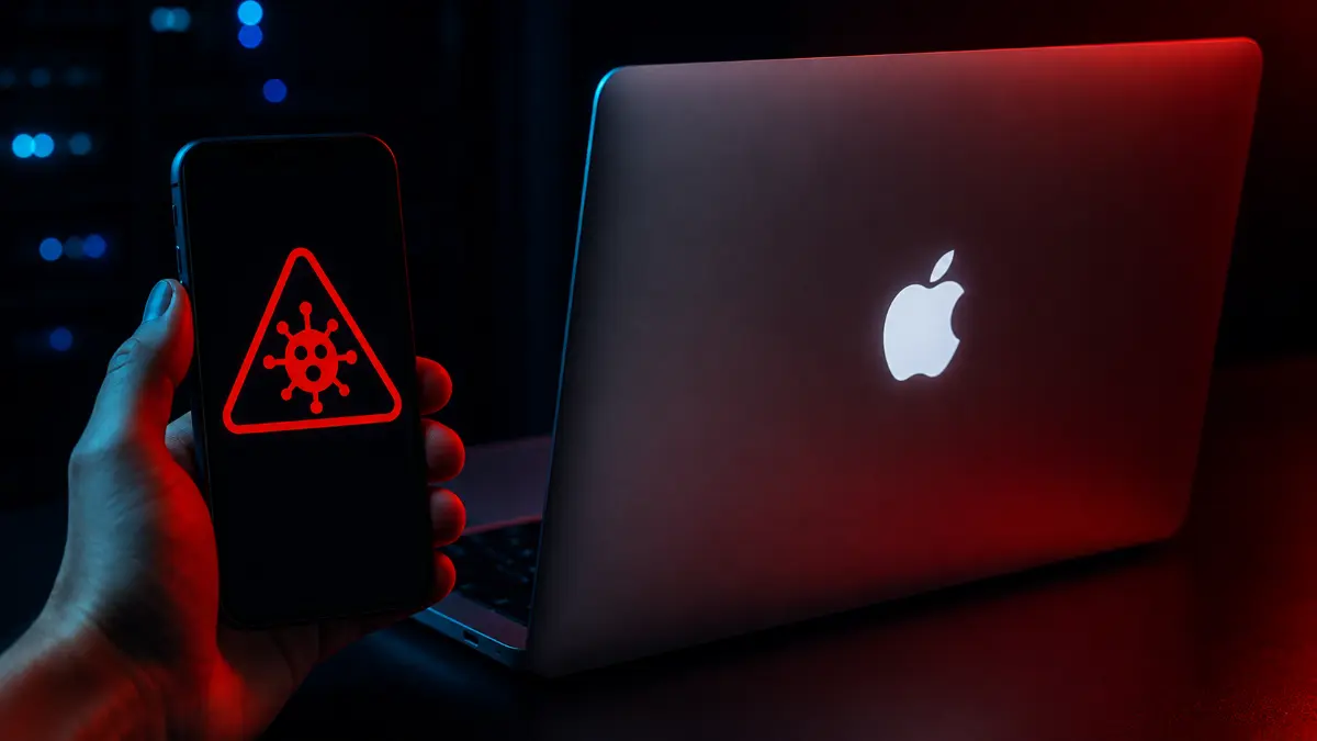 Hand holding a smartphone showing a red virus warning symbol next to a partially open Apple laptop with glowing logo in dark lighting
