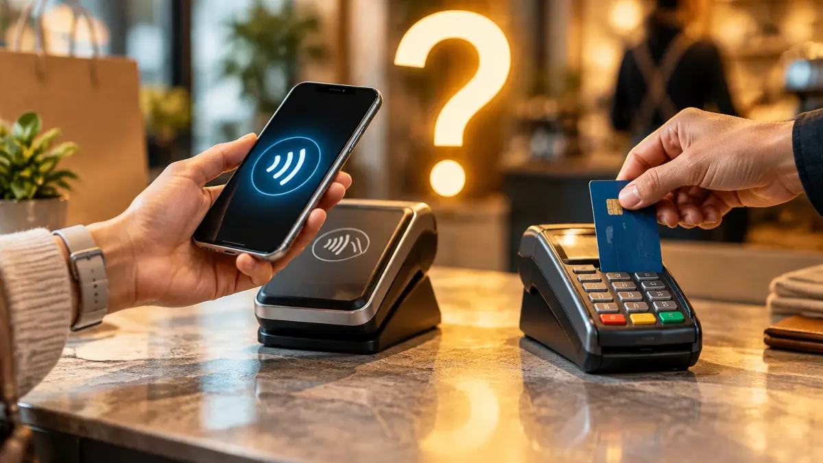 Hand holding smartphone with contactless payment icon next to a hand inserting a credit card into a card reader, with a glowing question mark above