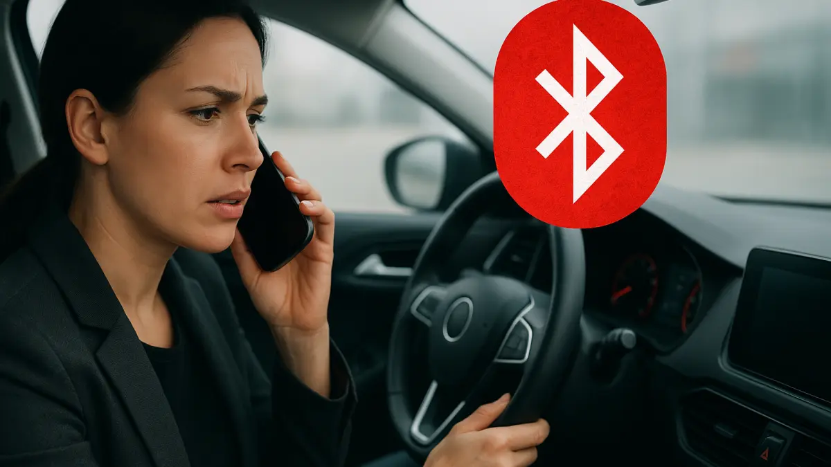 A woman inside a car holds a phone to her ear with a concerned expression, overlaid with a large Bluetooth symbol