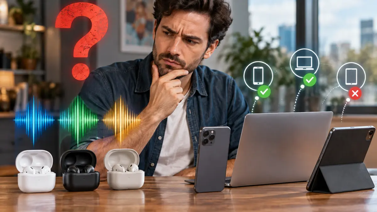 Man with a thoughtful expression analyzing three pairs of wireless earbuds, sound waves, and connected device icons on a wooden table
