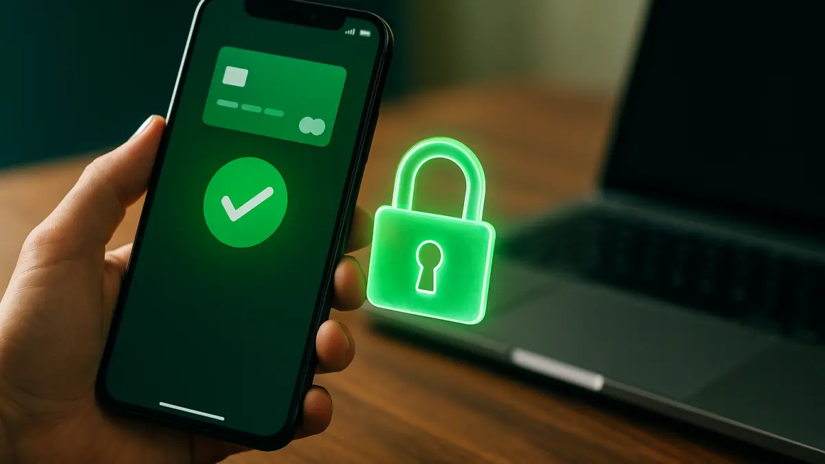 Hand holding smartphone displaying digital card with a checkmark and a glowing green padlock icon near a laptop keyboard
