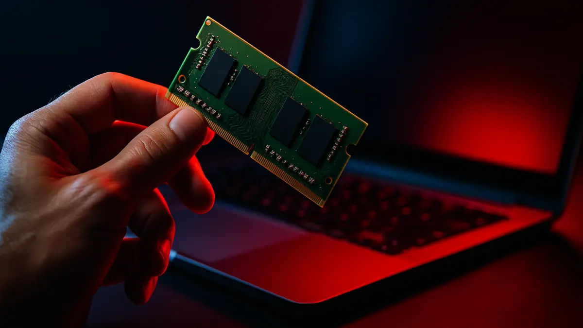 Hand holding a small RAM module near a laptop keyboard illuminated by red and blue lighting