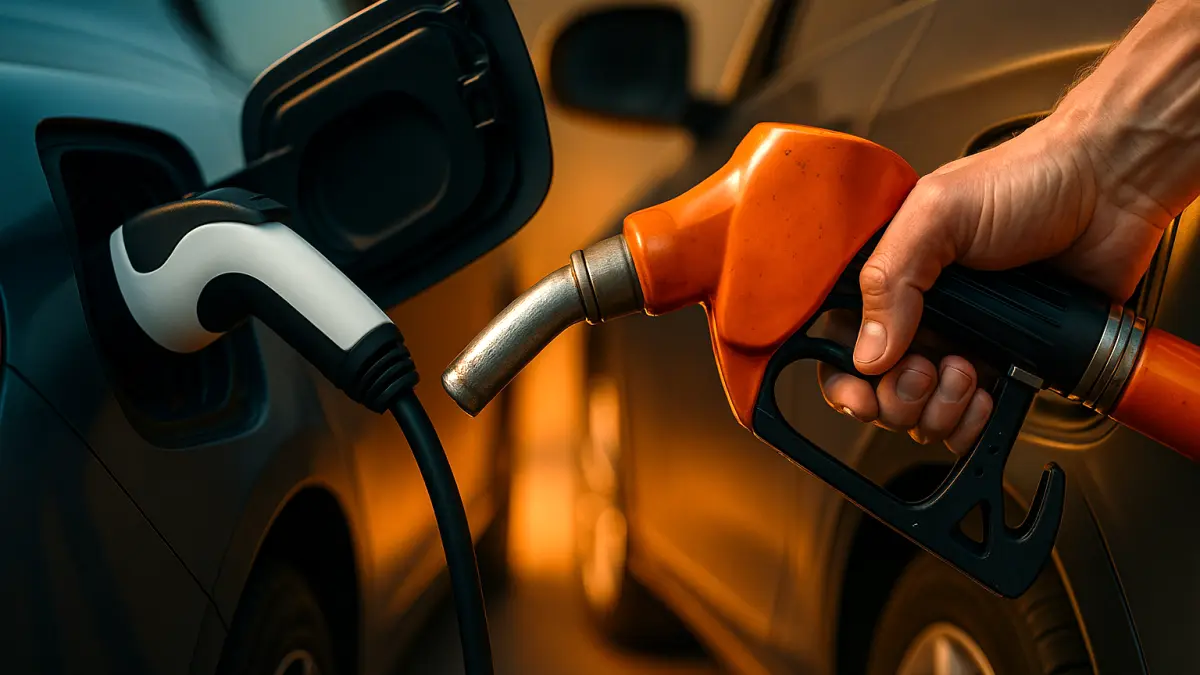 A hand holding a gas pump nozzle near an electric car’s charging port with a charging cable inserted