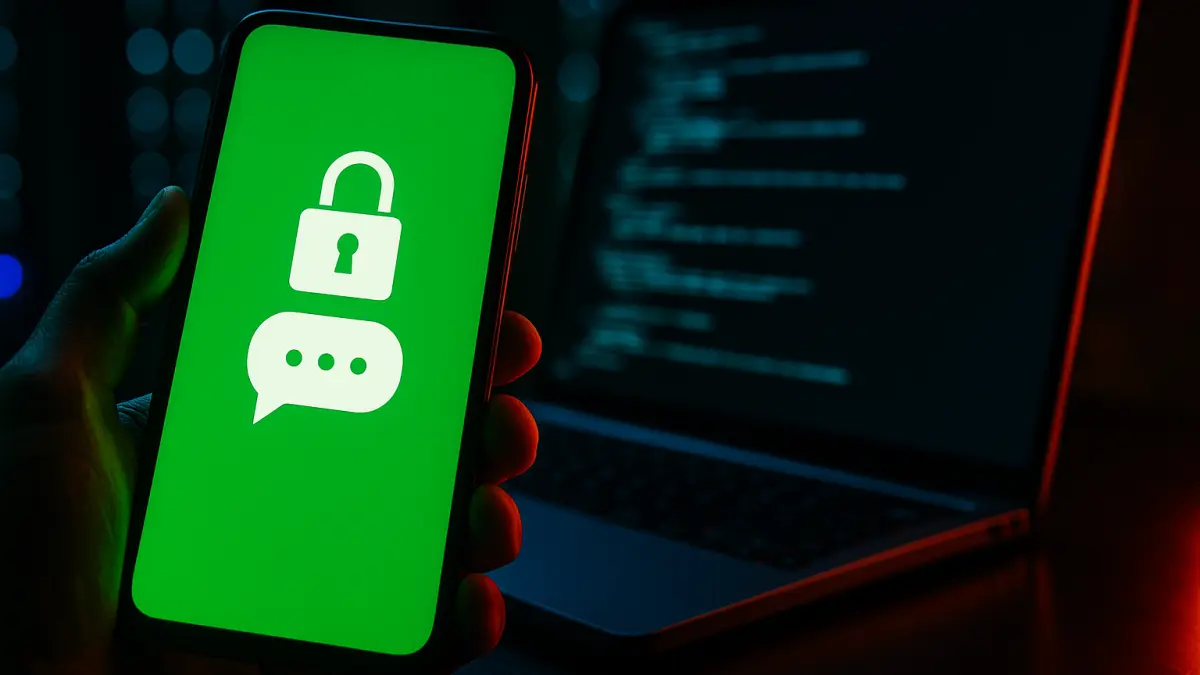 Hand holding smartphone displaying a green screen with a lock and chat bubble icon, laptop with code blurred in background