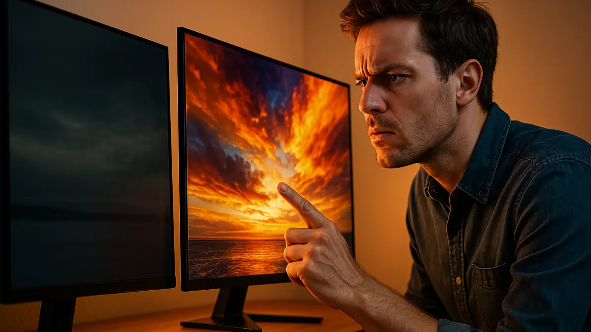Man closely examines a bright sunset on one monitor, while the adjacent screen is dark and less vivid