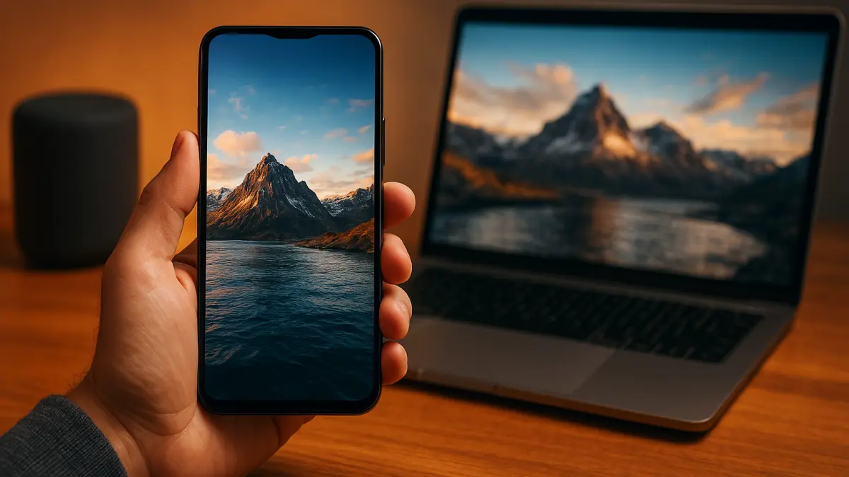 Hand holding a smartphone displaying a sharp mountain and water scene, with the same image blurred on a laptop screen in the background