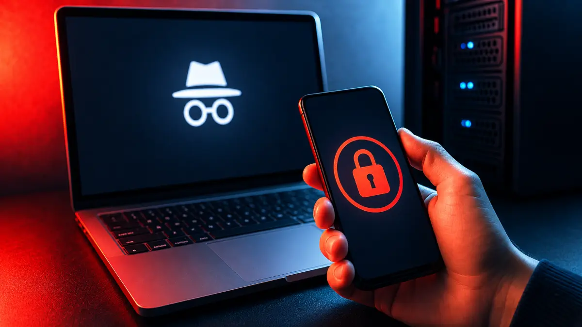Laptop screen showing incognito mode icon next to a hand holding a phone with a red lock symbol on its screen