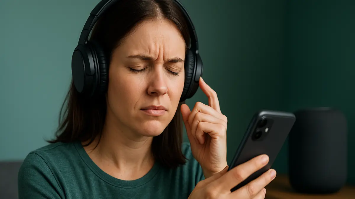 Woman wearing headphones with a pained expression, holding a smartphone, suggesting discomfort from loud sound