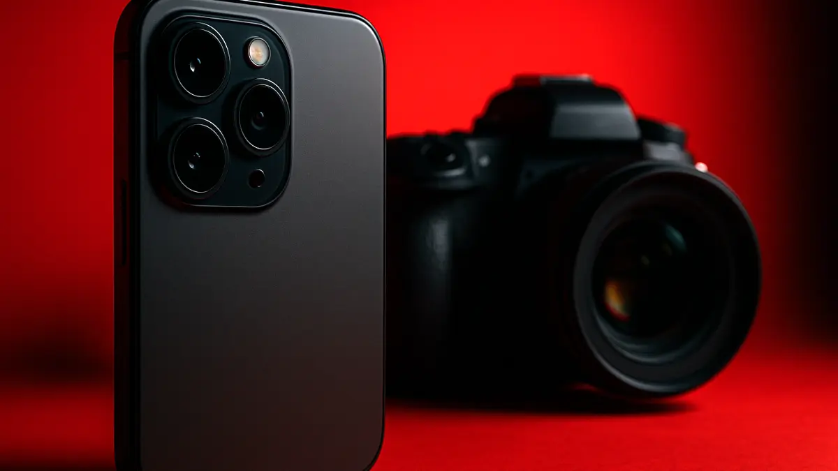 Close-up of a smartphone with triple camera lenses in sharp focus and a DSLR camera blurred in the red background