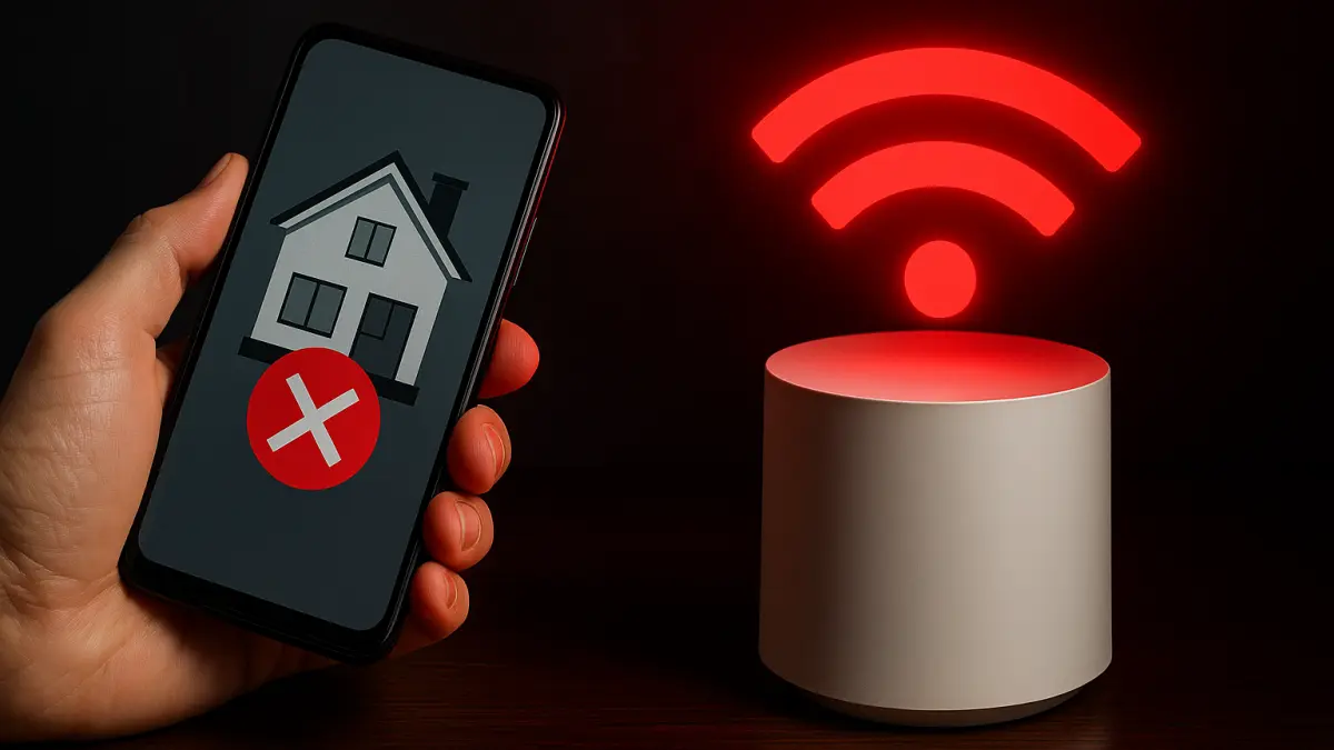 Hand holding smartphone showing house with red error icon, next to a white mesh Wi-Fi router emitting a red signal symbol