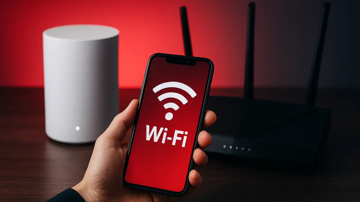 Hand holding a smartphone displaying a Wi-Fi symbol, with a white mesh Wi-Fi unit and a black traditional router in the background
